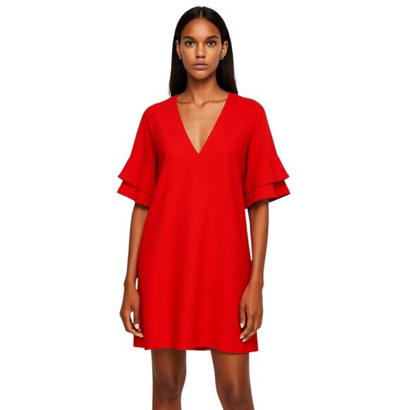 Zara Red V Neck Short Ruffle Flutter Short Sleeve Tiered Mini Shift Dress Sz S - Picture 1 of 10